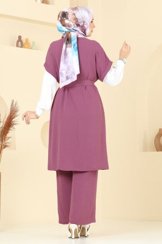 moda selvim Gizli Düğmeli Üçlü Takım 384DVL817 Koyu Lila - Thumbnail