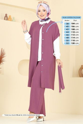 moda selvim Gizli Düğmeli Üçlü Takım 384DVL817 Koyu Lila - Thumbnail