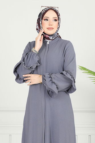 moda selvim Gizli Fermuarlı Pardesü Ferace 1205DLB1088 Gri - Thumbnail