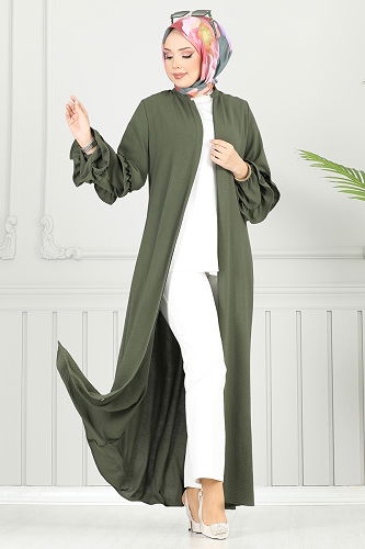 moda selvim Gizli Fermuarlı Pardesü Ferace 1205DLB1088 Haki - Thumbnail