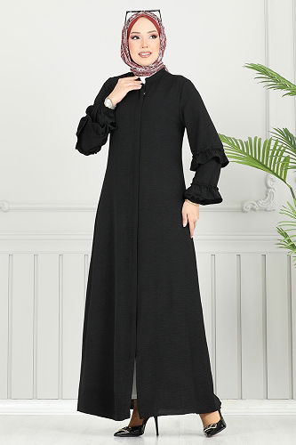 moda selvim Gizli Fermuarlı Pardesü Ferace 1205DLB1088 Siyah - Thumbnail