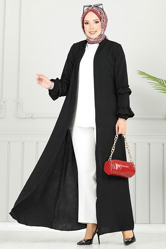 moda selvim Gizli Fermuarlı Pardesü Ferace 1205DLB1088 Siyah - Thumbnail