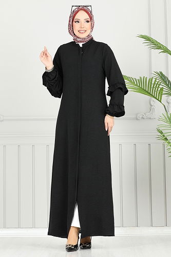 moda selvim Gizli Fermuarlı Pardesü Ferace 1205DLB1088 Siyah - Thumbnail