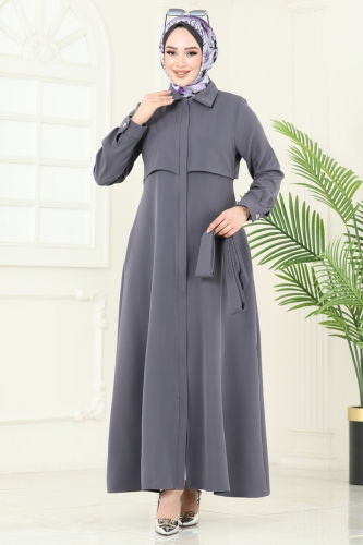 moda selvim Gizli Fermuarlı Pardesü Ferace 2630SL432 Gri - Thumbnail