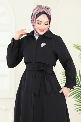 moda selvim Gizli Fermuarlı Pardesü Ferace 2630SL432 Siyah - Thumbnail