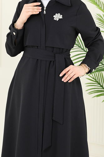 moda selvim Gizli Fermuarlı Pardesü Ferace 2630SL432 Siyah - Thumbnail