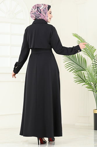 moda selvim Gizli Fermuarlı Pardesü Ferace 2630SL432 Siyah - Thumbnail