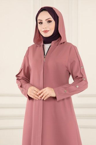 moda selvim Gizli Fermuarlı Tesettür Ferace 4520AH193 Gül Kurusu - Thumbnail
