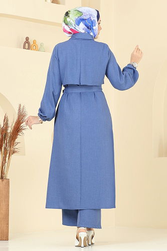 moda selvim Gizli Fermuarlı Tesettür Takım 2692SL432 İndigo - Thumbnail