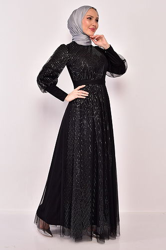 moda selvim Glitter Transition Hijab Evening Dress ASM2457-M Black - Thumbnail