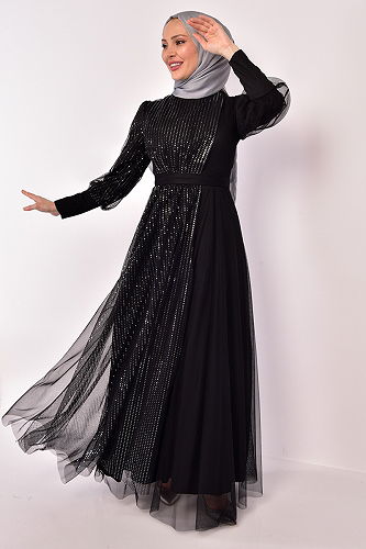 moda selvim Glitter Transition Hijab Evening Dress ASM2457-M Black - Thumbnail