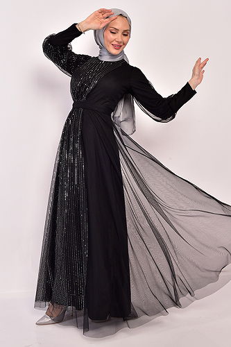 moda selvim Glitter Transition Hijab Evening Dress ASM2457-M Black - Thumbnail
