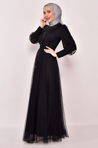 moda selvim Glitter Transition Hijab Evening Dress ASM2457-M Black - Thumbnail