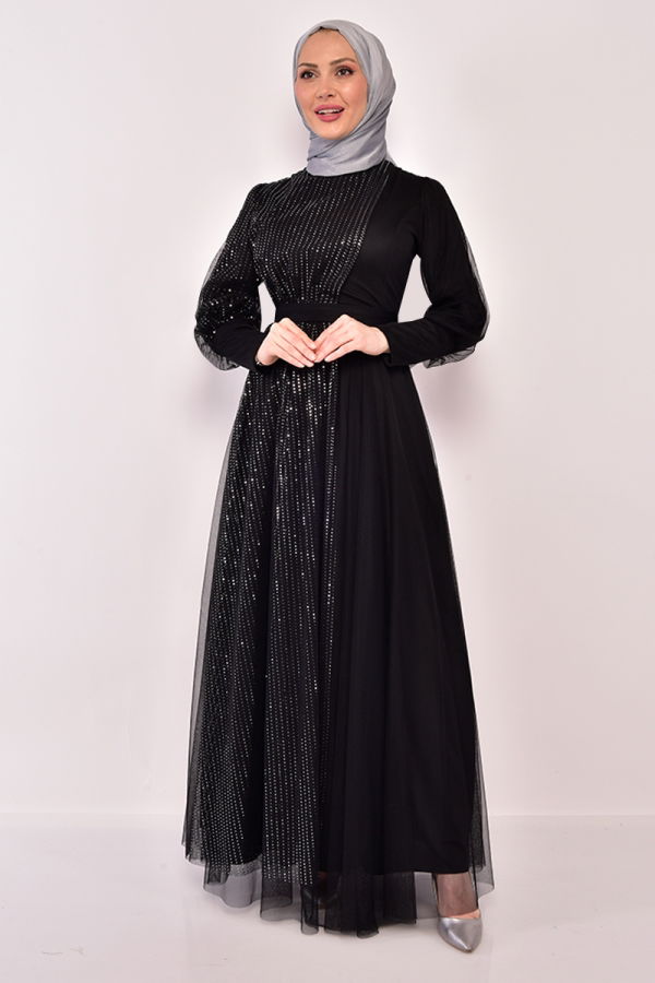 Modaselvim NET 20%+20% DISCOUNT IN THE CARD Glitter Transition Hijab Evening Dress ASM2457-M Black