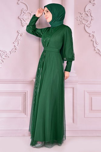 moda selvim Glitter Transition Hijab Evening Dress ASM2457-M Emerald - Thumbnail