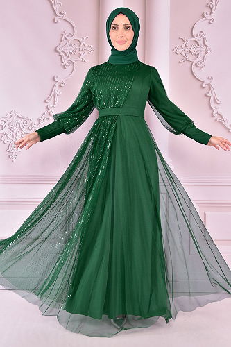 moda selvim Glitter Transition Hijab Evening Dress ASM2457-M Emerald - Thumbnail
