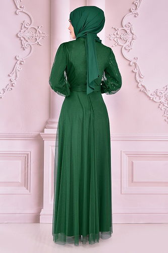 moda selvim Glitter Transition Hijab Evening Dress ASM2457-M Emerald - Thumbnail