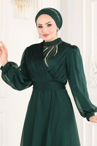 moda selvim Göğsü Drapeli Janjan Abiye 5376AB368 Koyu Zümrüt - Thumbnail