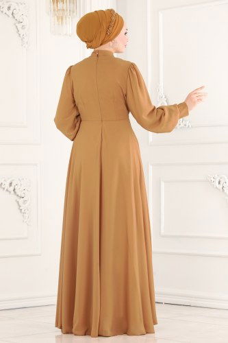 moda selvim Göğsü Drapeli Şifon Abiye 52868ALM181 Latte - Thumbnail