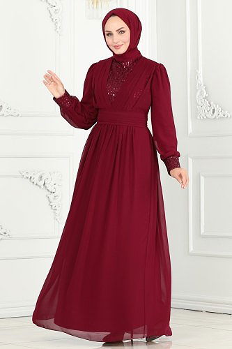 moda selvim Göğsü Drapeli Şifon Abiye 6582YG95 Bordo - Thumbnail
