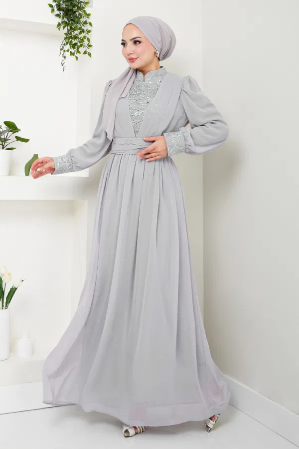 Modaselvim SEPETTE NET %20+%20 İNDİRİM Göğsü Drapeli Şifon Abiye YGS4020-M Gri