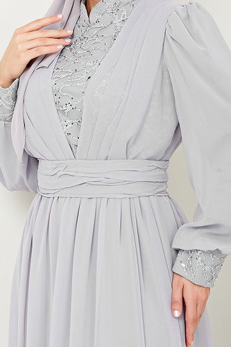 moda selvim Göğsü Drapeli Şifon Abiye YGS4020-M Gri - Thumbnail
