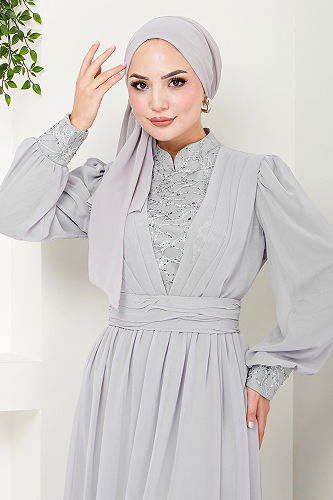 moda selvim Göğsü Drapeli Şifon Abiye YGS4020-M Gri - Thumbnail