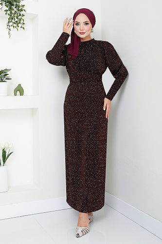 moda selvim Göğsü Drapeli Tesettür Abiye 5469END900-M Bordo - Thumbnail