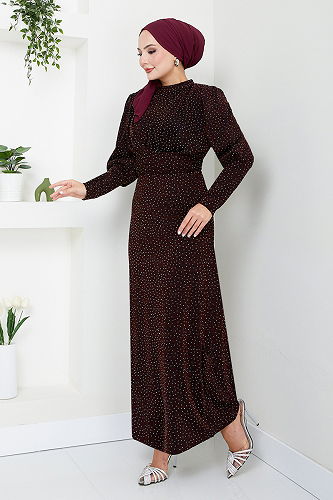 moda selvim Göğsü Drapeli Tesettür Abiye 5469END900-M Bordo - Thumbnail