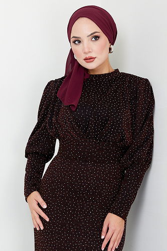 moda selvim Göğsü Drapeli Tesettür Abiye 5469END900-M Bordo - Thumbnail