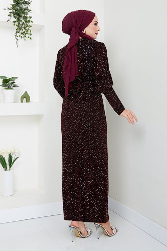 moda selvim Göğsü Drapeli Tesettür Abiye 5469END900-M Bordo - Thumbnail