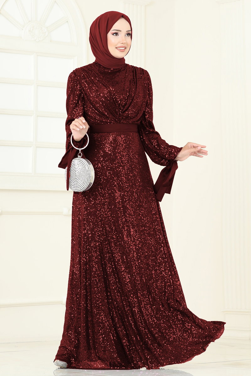 Göğsü Drapeli Tesettür Abiye 5690EDF311 Bordo