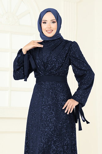 moda selvim Göğsü Drapeli Tesettür Abiye 5690EDF311 Koyu Laci - Thumbnail