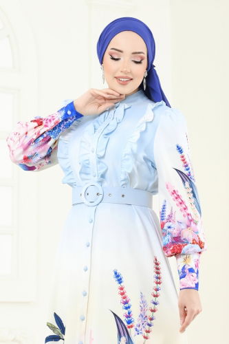 moda selvim SUAL Göğsü Fırfırlı Atlas Elbise 2411JNF844 Mavi - Thumbnail