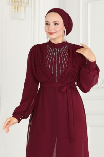 moda selvim Göğsü Taş Detaylı Şifon Kombin 5888AB368 Bordo - Thumbnail