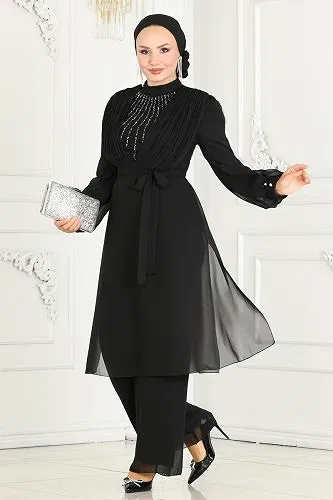 moda selvim Göğsü Taş Detaylı Şifon Kombin 5888AB368 Siyah - Thumbnail