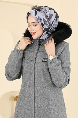 moda selvim Göğüs Armalı Kaşe Pardesü 2076OZT1013 Gri - Thumbnail