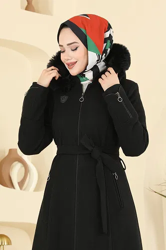 moda selvim Göğüs Armalı Kaşe Pardesü 2080OZT1013 Siyah - Thumbnail