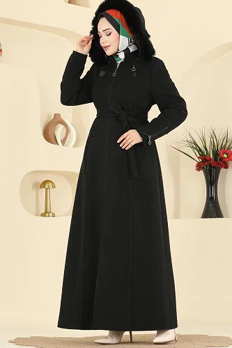 moda selvim Göğüs Armalı Kaşe Pardesü 2080OZT1013 Siyah - Thumbnail