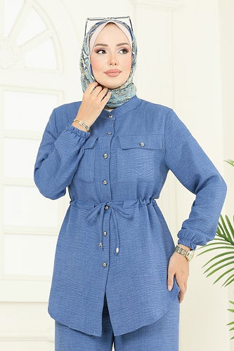 moda selvim Göğüs Cep Detaylı Takım 9159PLK541 Açık İndigo - Thumbnail