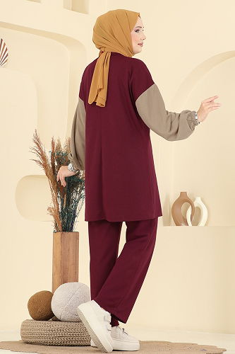 moda selvim Göğüs Cepli İki İp Takım PL9180 Bordo - Thumbnail