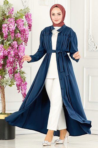 moda selvim Göğüsten Pileli Medine İpeği Ferace 2504SL432 İndigo - Thumbnail