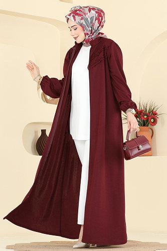 moda selvim Göğüsü Fırfır Detaylı Ferace 24031UKB139 Bordo - Thumbnail