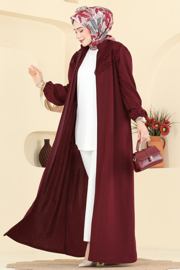 Modaselvim Ferace Göğüsü Fırfır Detaylı Ferace 24031UKB139 Bordo