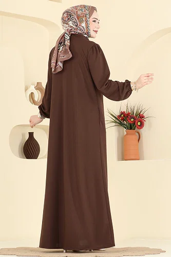 moda selvim Göğüsü Fırfır Detaylı Ferace 24031UKB139 Kahve - Thumbnail