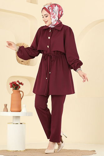 moda selvim Gold Aksesuar Düğmeli Takım 3227HBS856 Bordo - Thumbnail