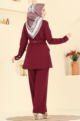 moda selvim Gold Aksesuarlı Dabıl Takım 2804SL432 Bordo - Thumbnail