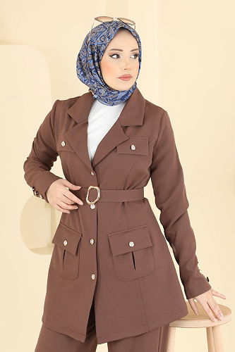 moda selvim Gold Aksesuarlı Dabıl Takım 2804SL432 Kahve - Thumbnail