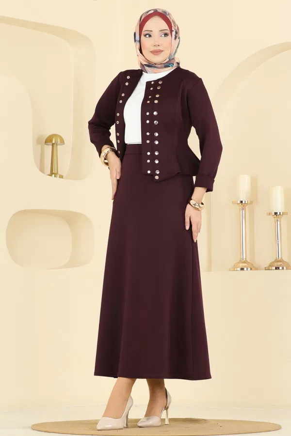 Modaselvim Kombin Gold Çıtçıtlı Şık Takım 2748SL432 Bordo