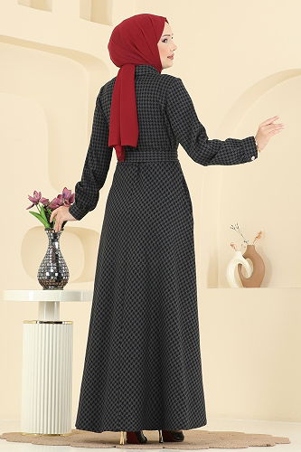 moda selvim Gold Düğme Detaylı Elbise 4129PM271 Antrasit - Thumbnail